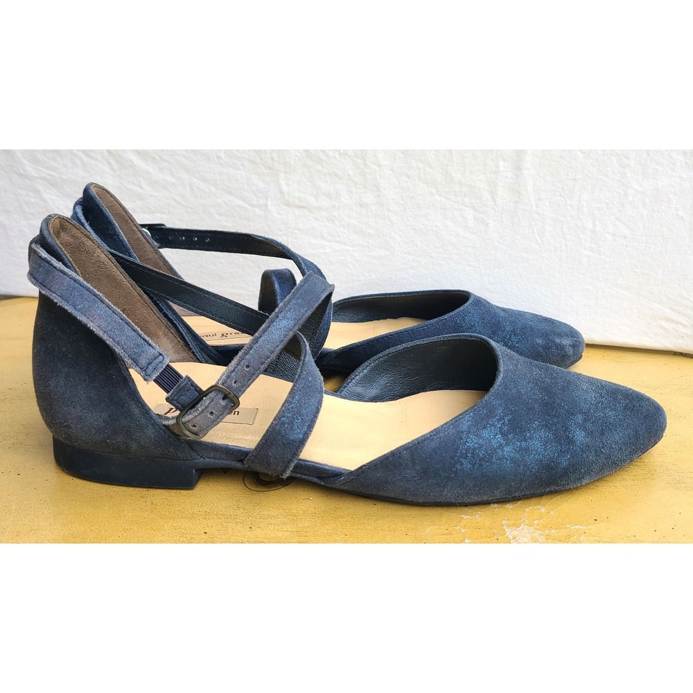 Paul Green US 4.5 Blue Sparkly Pointed Toe Suede Flats Ankle Strap Glam Feminine
